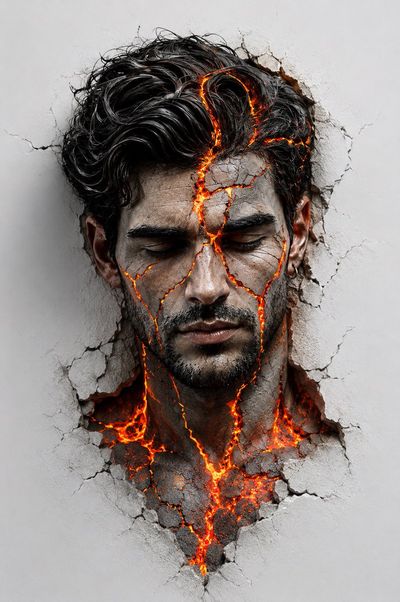 A serene face emerges from white wall with volcanic cracks