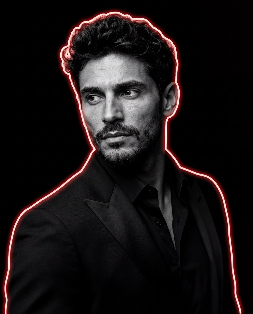 A man in black suit with red neon rim light looks away