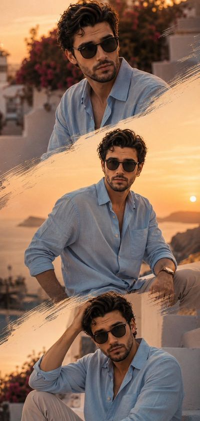 A Mediterranean man poses three times on a Greek cliff at sunset