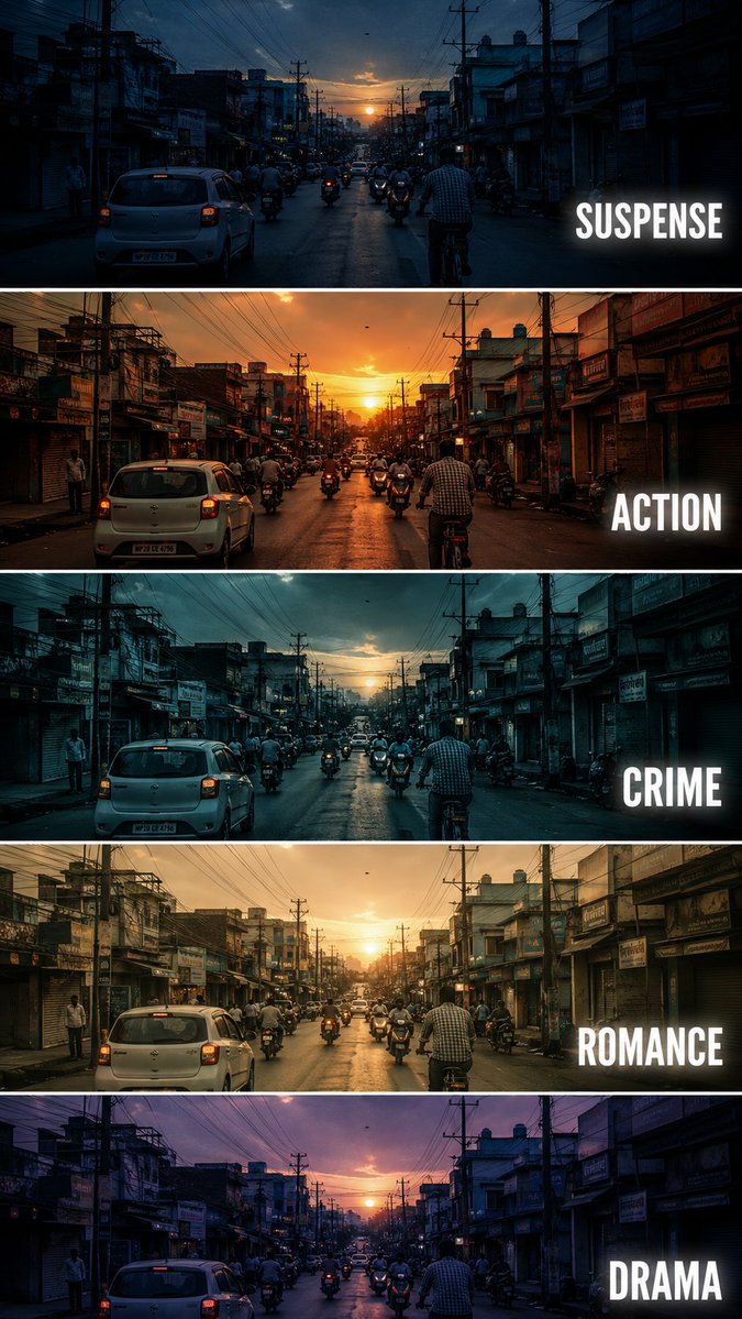Five film color grades transform a busy city street scene