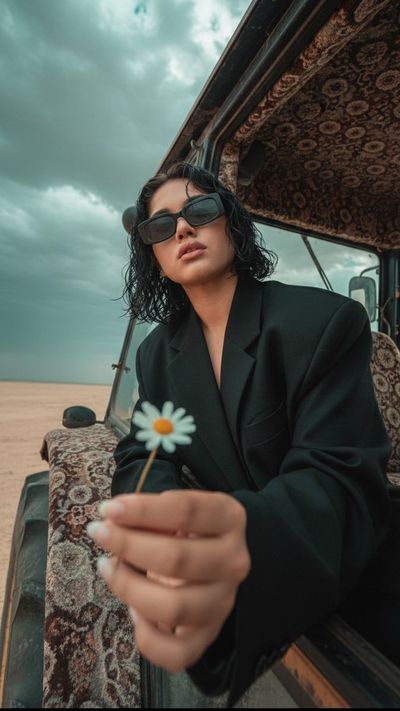 Wildflower and Tractor: A Cinematic Desert Moment