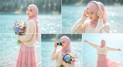 Young woman in pastel pink hijab smiles beside turquoise lake