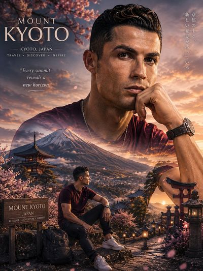 A football icon's thoughtful pose blends with Mount Fuji's majesty