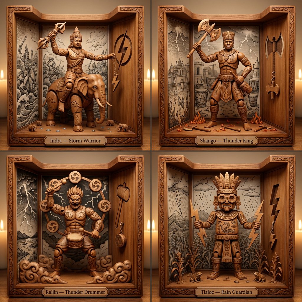 Carved Wooden Shrine: Four Hidden Tricksters in Mythic Automaton Form