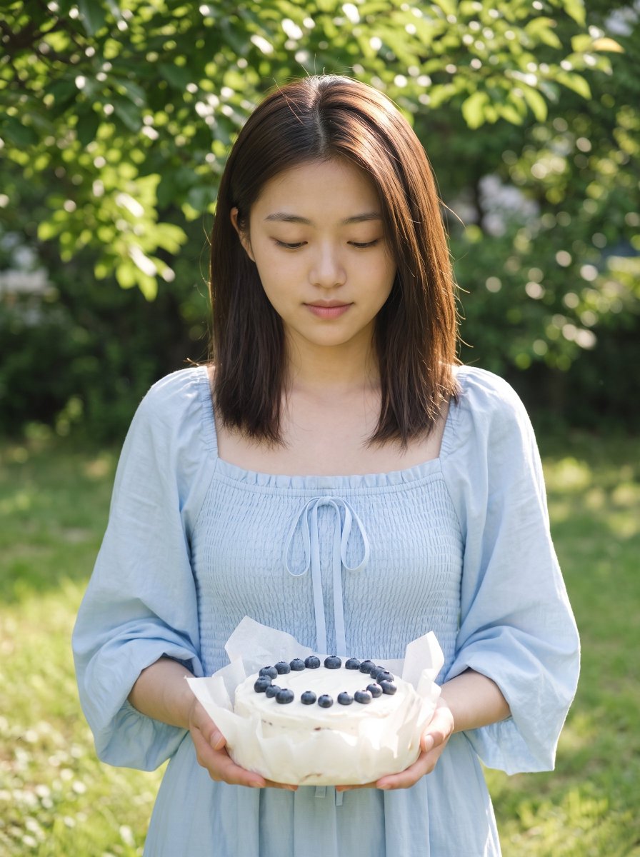 Serene Woman in Pastel Dress Holds Blueberry Cake Outdoors