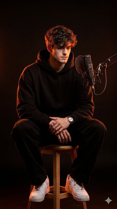 Neon-lit Portrait of a Thoughtful Young Man in Minimalist Studio