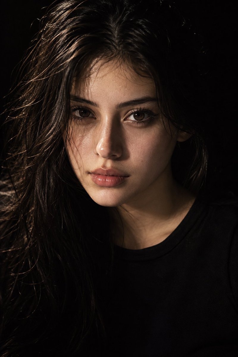 Dramatic low-key portrait captures young woman with intense gaze