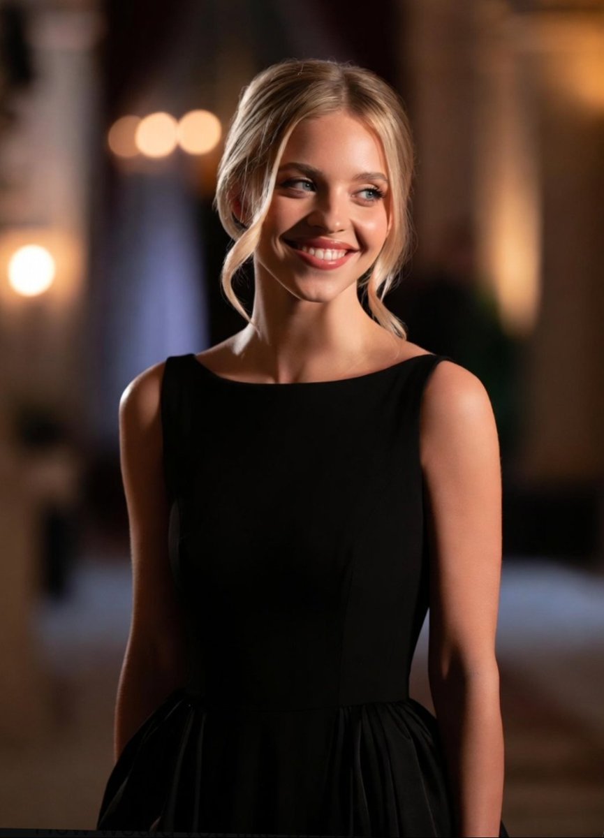A blonde woman in a black beaded gown smiles softly at a gala.