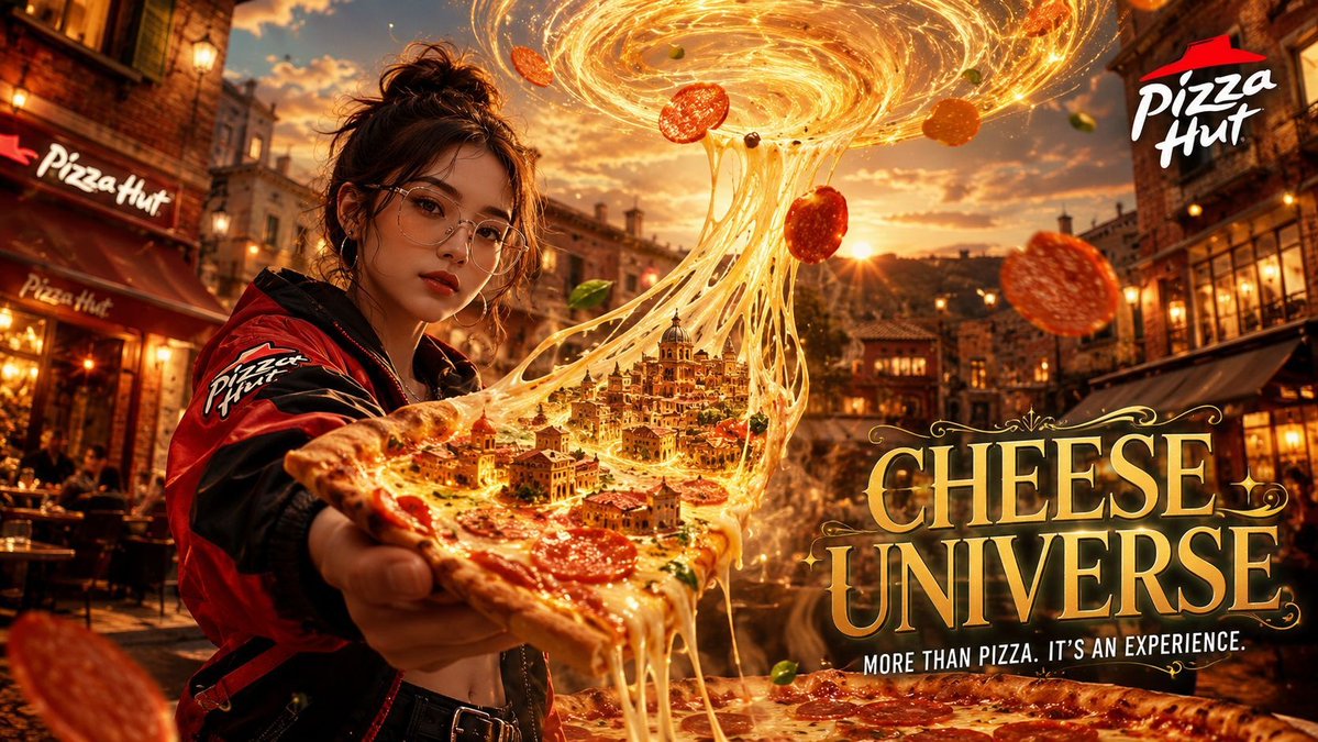A stylish woman pulls a giant pizza slice with glowing cheese strands.