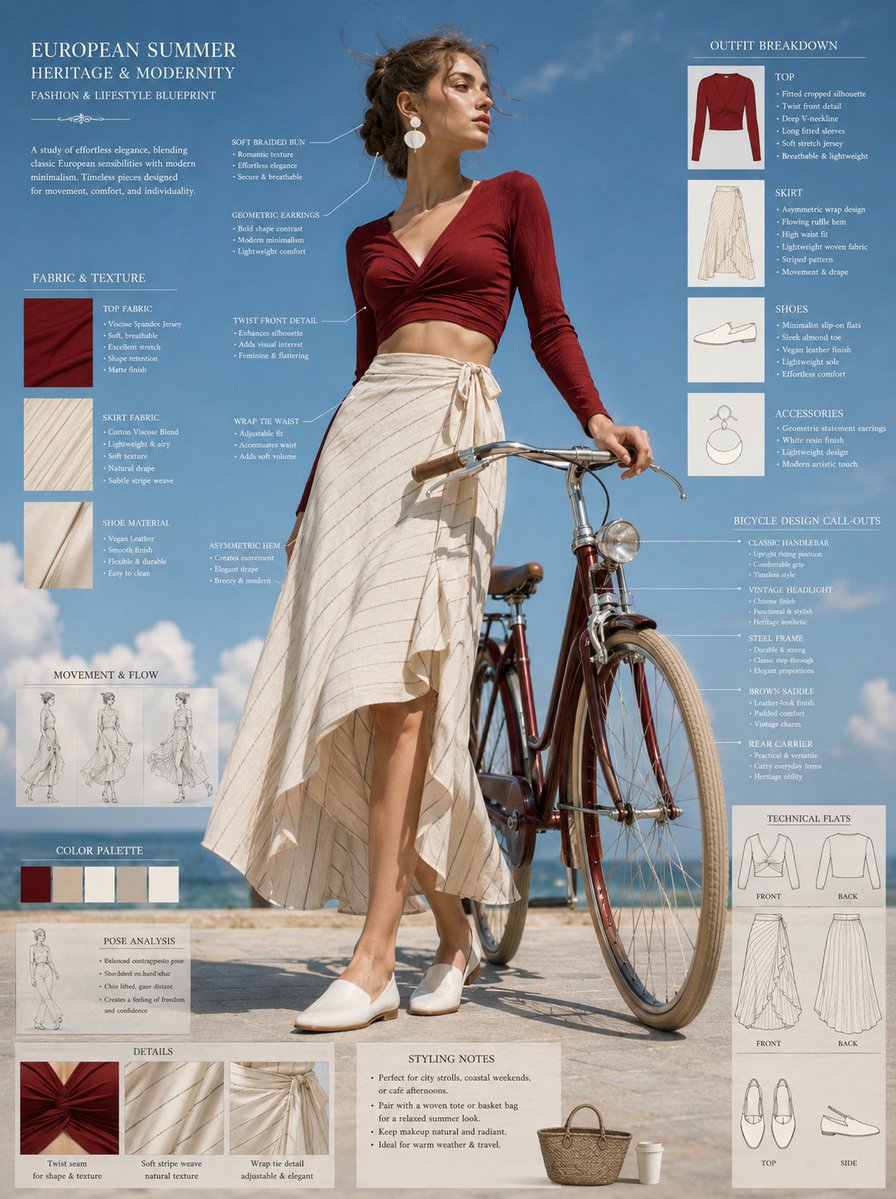 Elegant model poses with vintage bicycle in detailed fashion blueprint