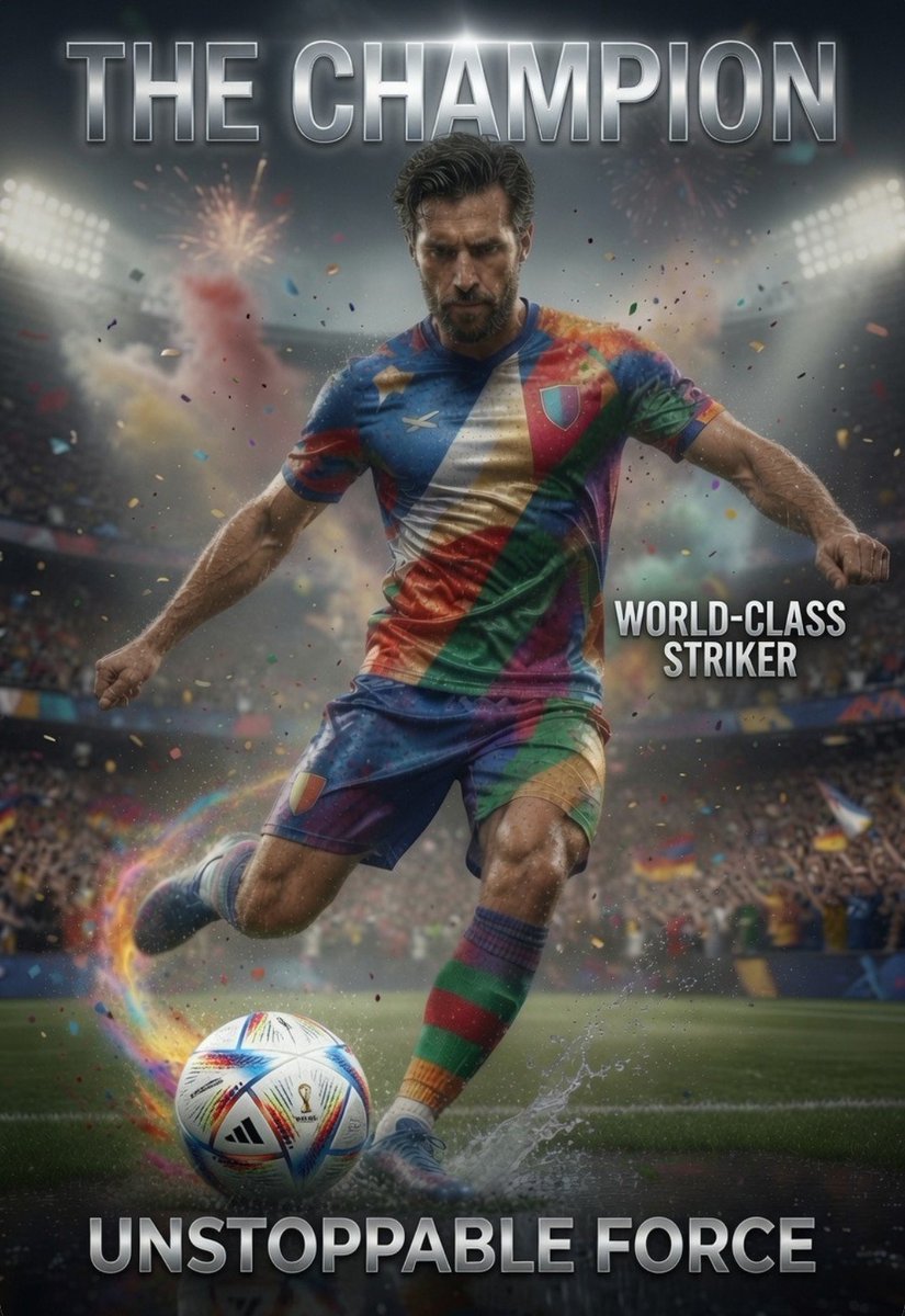 A confident football superstar stands under brilliant stadium floodlights