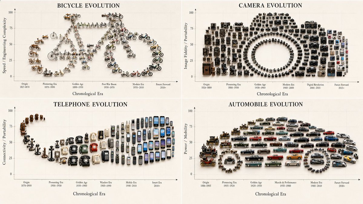 Camera evolution grid forms giant camera silhouette on canvas