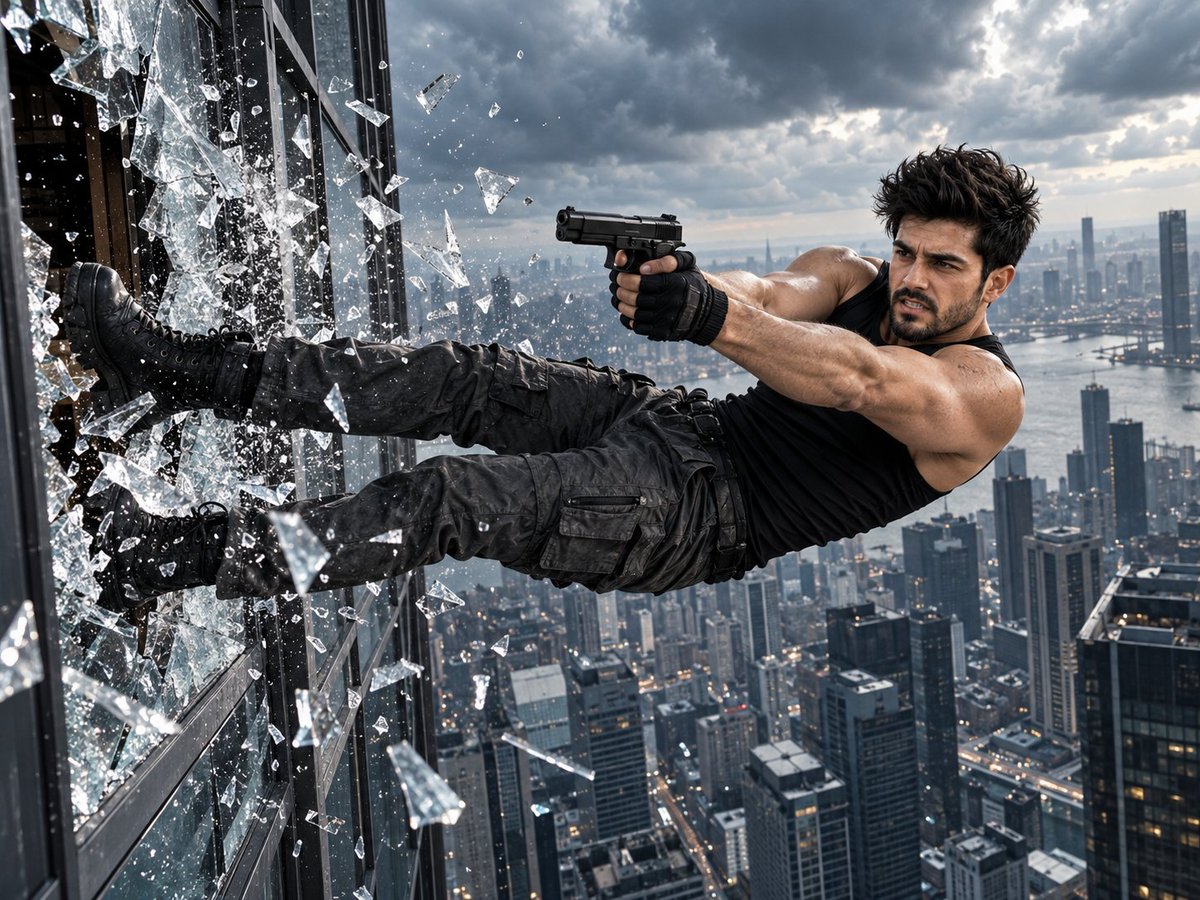 Athletic hero dives backward through shattered skyscraper glass in midair