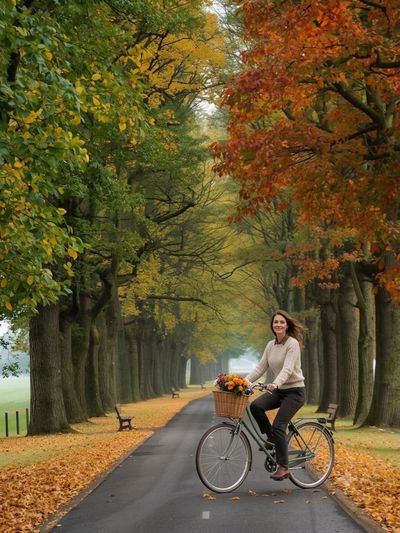 Woman rides vintage bicycle through golden autumn tunnel