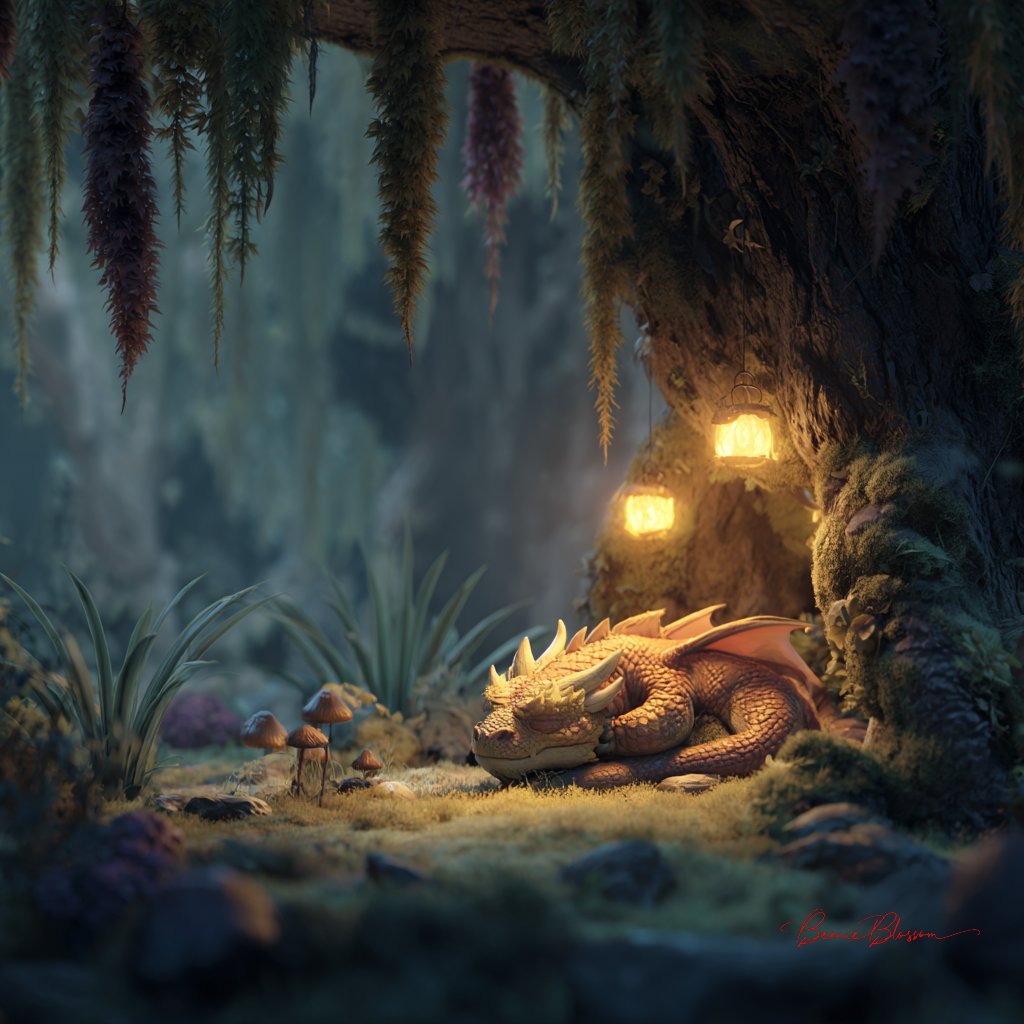 A Dragon's Cozy Nook in a Magical Forest