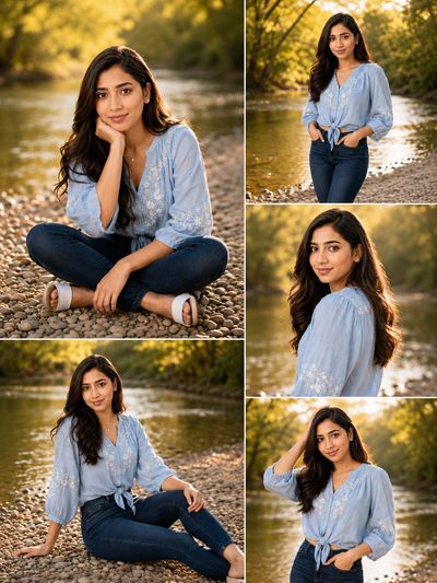A cheerful young woman smiles in golden riverside light