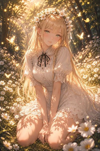 A blonde woman kneels in a sunlit meadow wearing vintage lace.