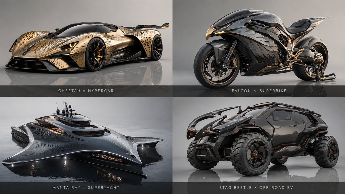 A sleek shark-inspired supercar glides through a futuristic cityscape at dusk.