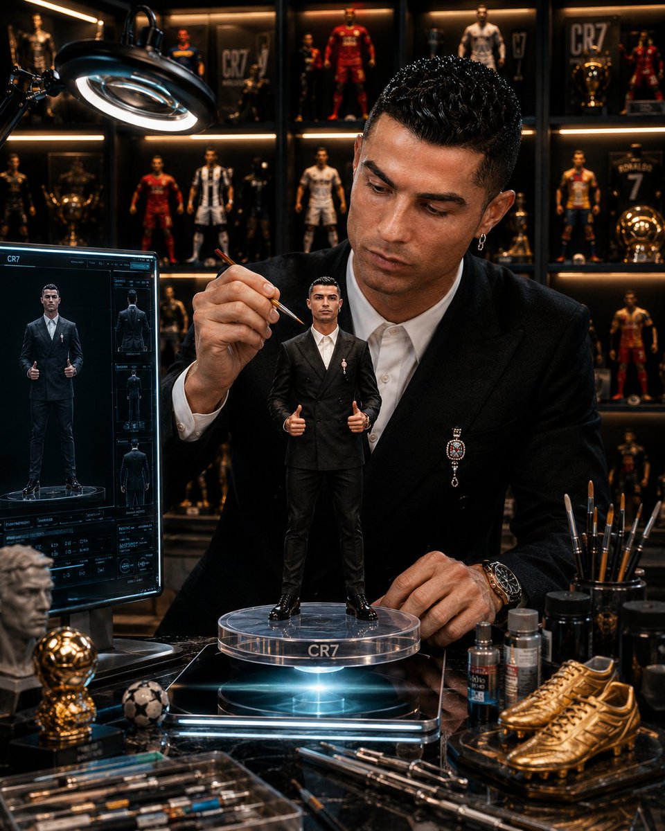 Football legend paints a tiny figurine of himself in a studio.
