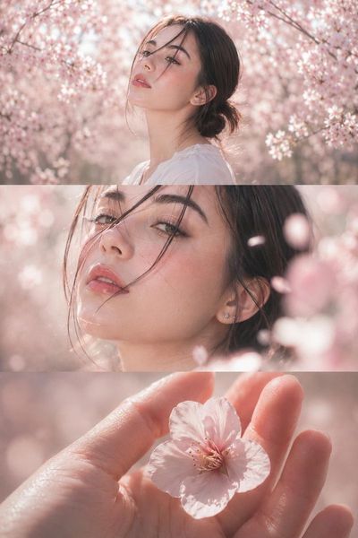Young woman in white blouse among cherry blossoms in spring light