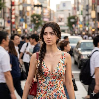 A woman with a red bag walks through a bustling city street.