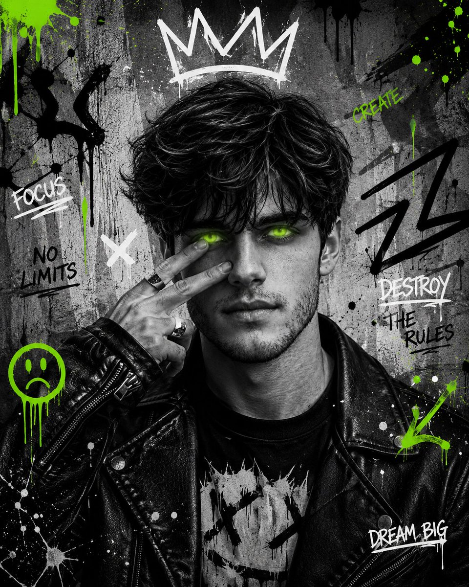 Bearded man in leather jacket touches neon green eyes