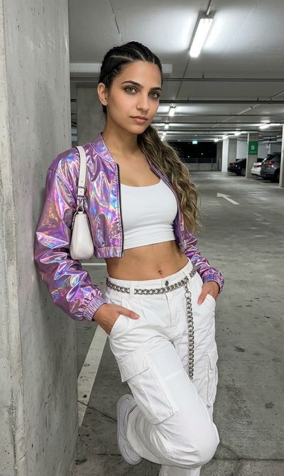 Woman in Holographic Jacket Stands in Neon-Lit Cyberpunk Alley