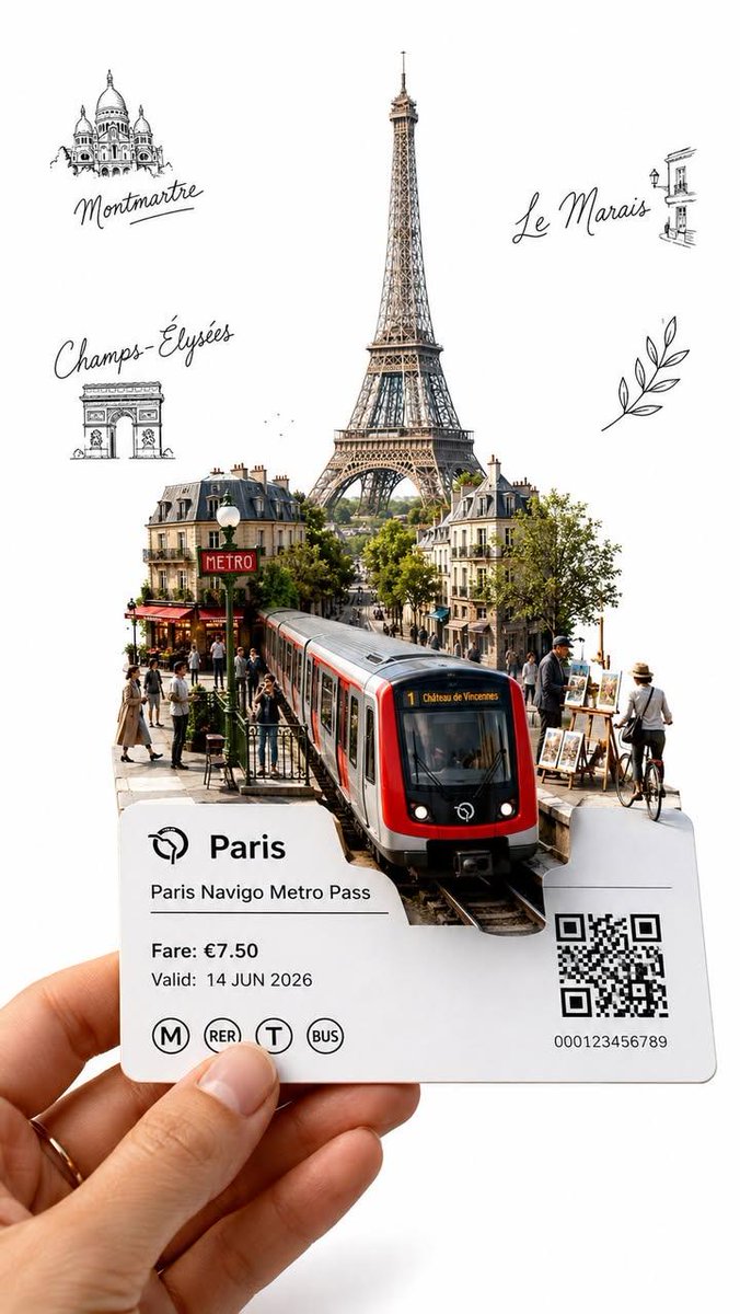 A hand holds a white transit pass as Paris emerges