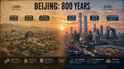 Beijing's 1300 skyline blends with 2100 cityscape in sunset gradient