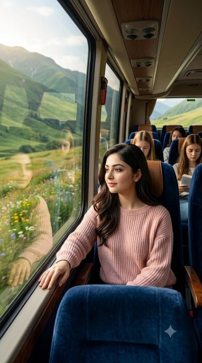 Young woman on a luxury bus gazes at blooming mountains through window