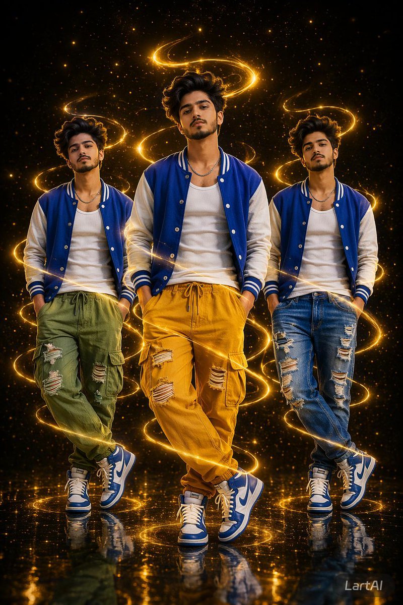 Three identical clones stride forward in a cosmic streetwear scene