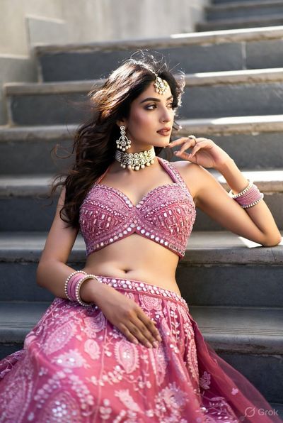 Indian model in magenta lehenga lies on concrete stairs with confident gaze.