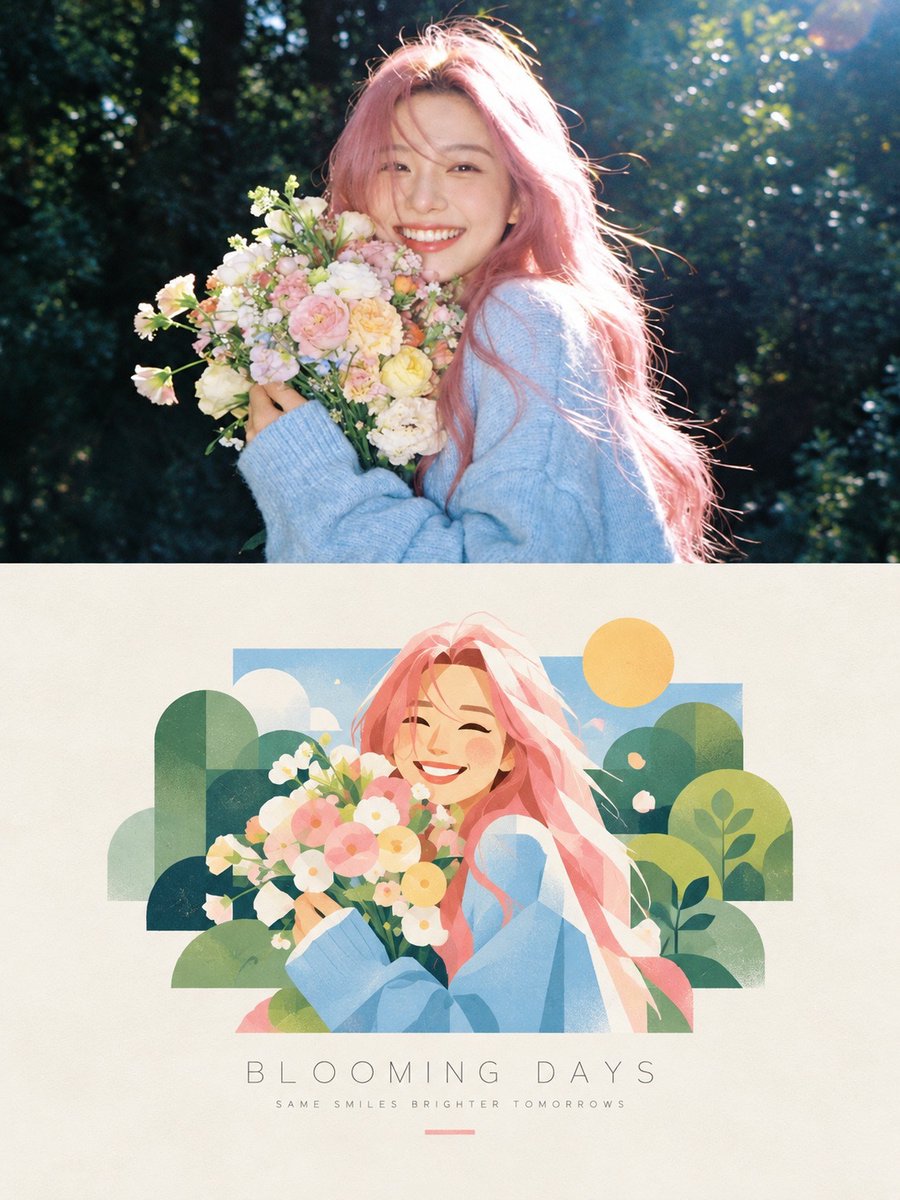 Sunlit portrait transforms into pastel illustration on ivory paper