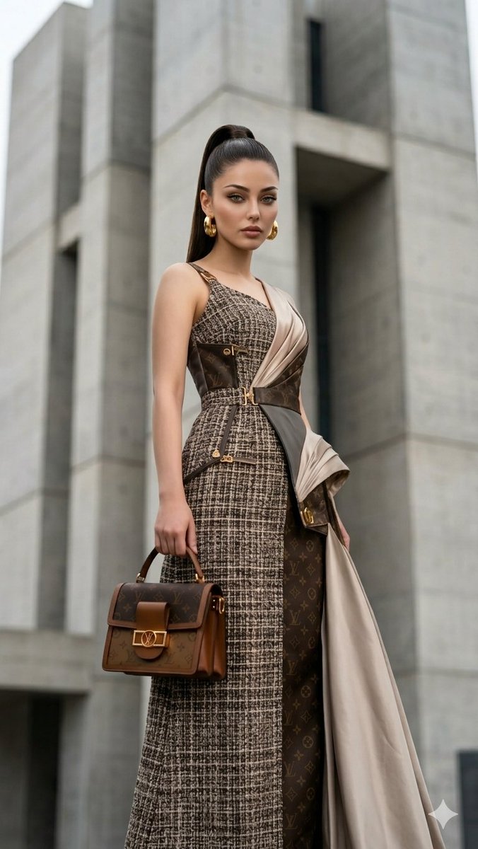 South Asian model poses in tweed dress against brutalist concrete