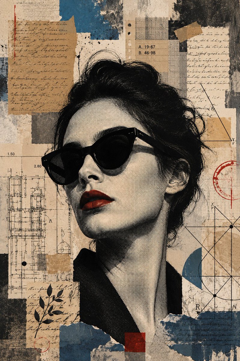 A monochrome woman in bold sunglasses anchors a layered collage.
