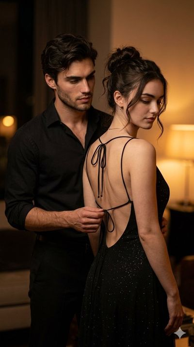 A man gently fastens his partner's dress in warm amber light