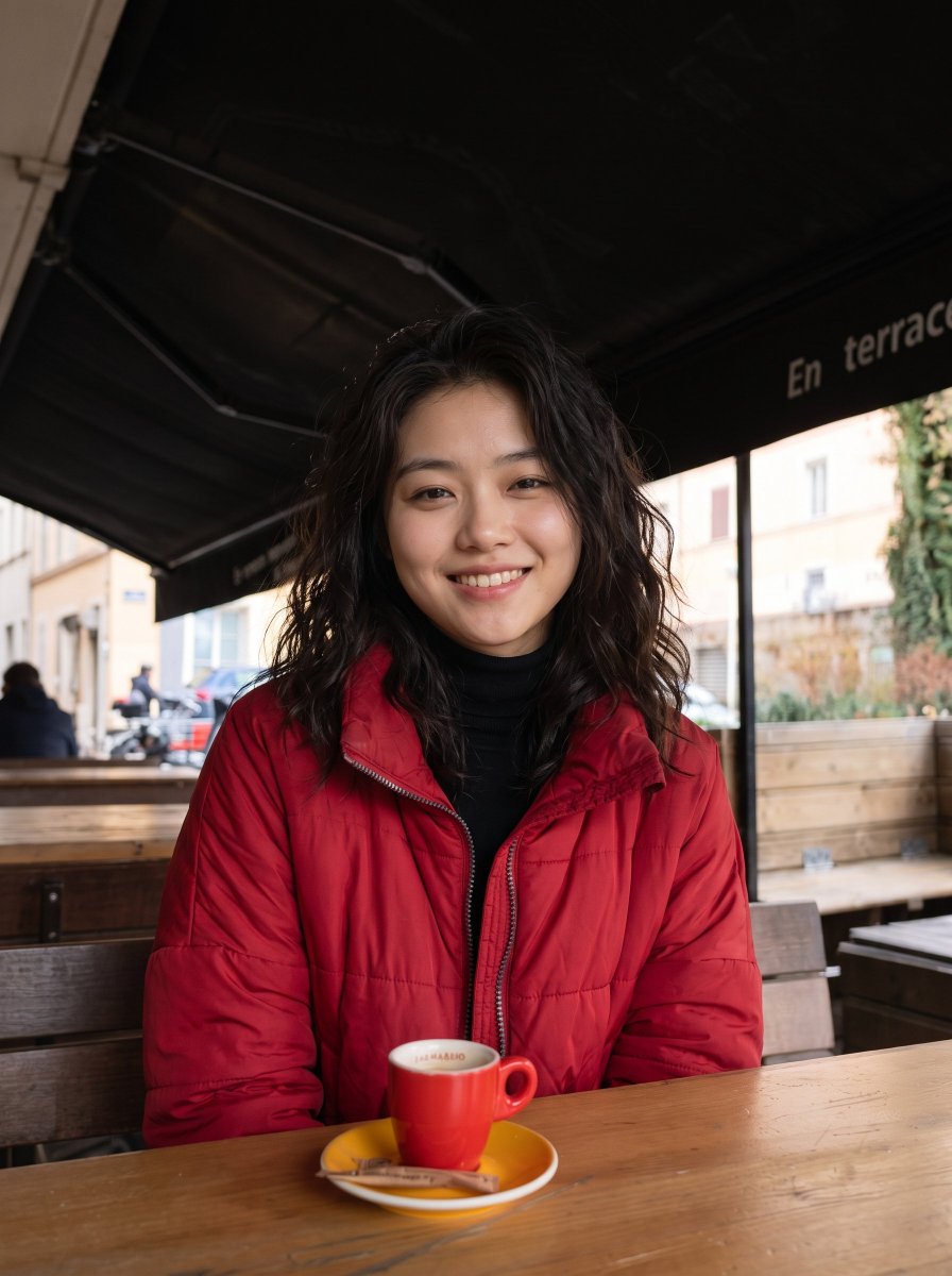 Young East Asian woman smiles brightly in red puffer jacket at cafe