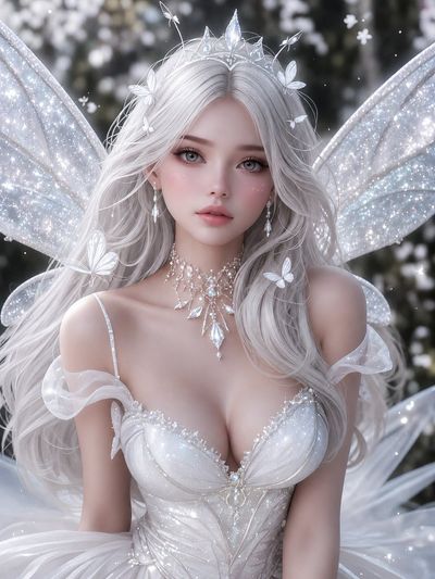 Fairy queen with crystal crown and glowing butterfly wings sits gracefully