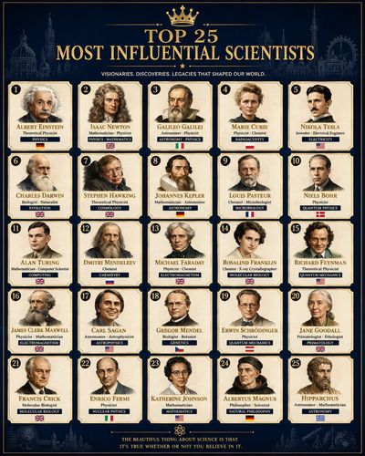 Gold crown tops dark navy poster of 25 influential scientists