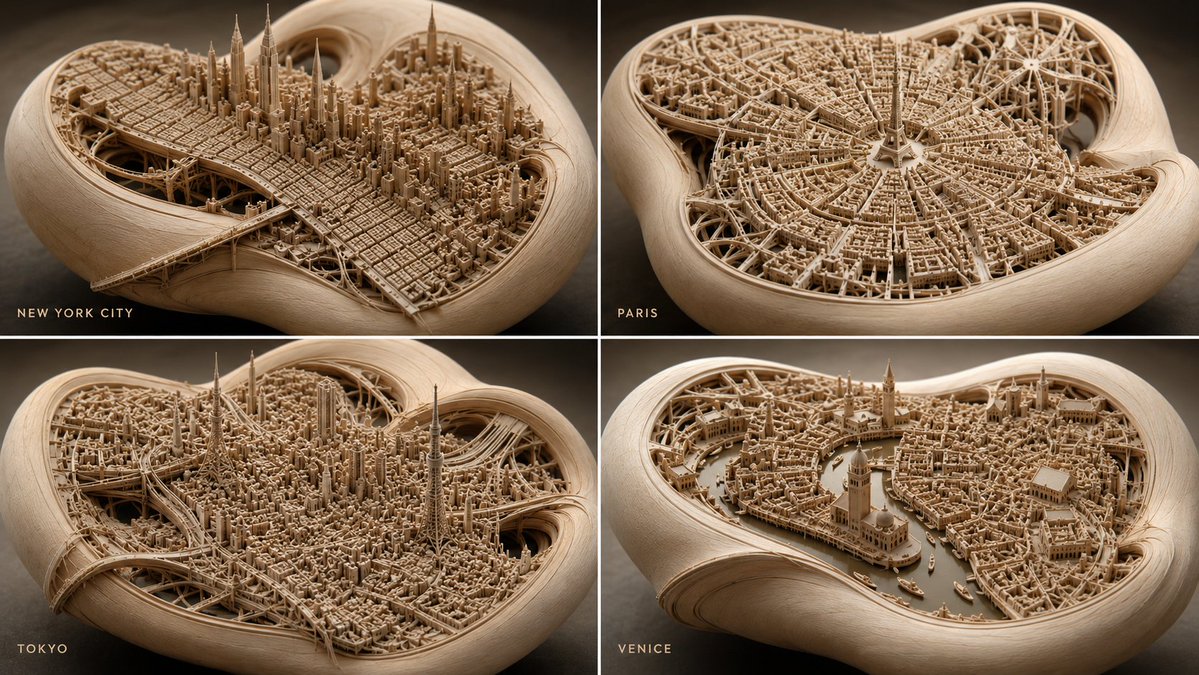 Wooden cityscape twists on a knot with infinite streets