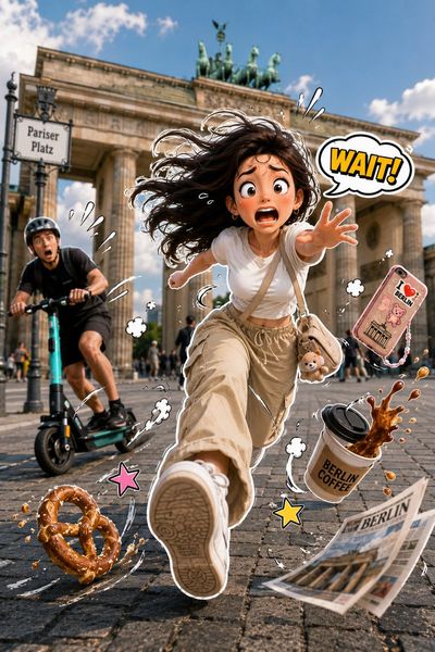 A frantic sticker character sprints through a busy city park
