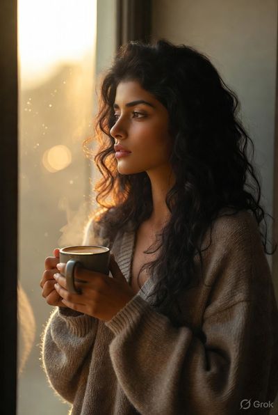 An Indian woman holds a coffee mug by a sunlit window