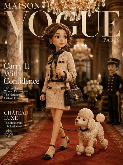 A poised claymation girl in tweed strolls with her poodle