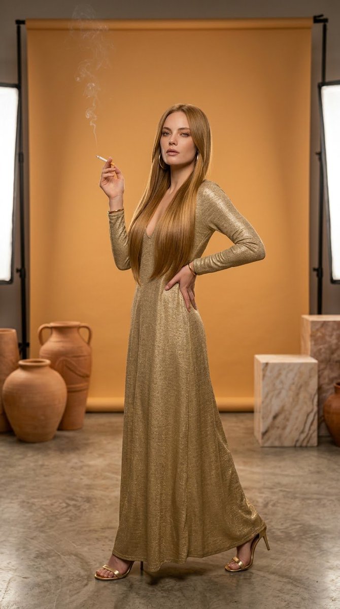 Elegant blonde in gold maxidress poses with cigarette in studio