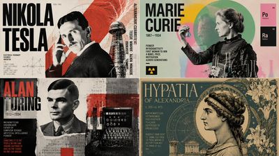 Bright neon poster grid with scientists and bold typography
