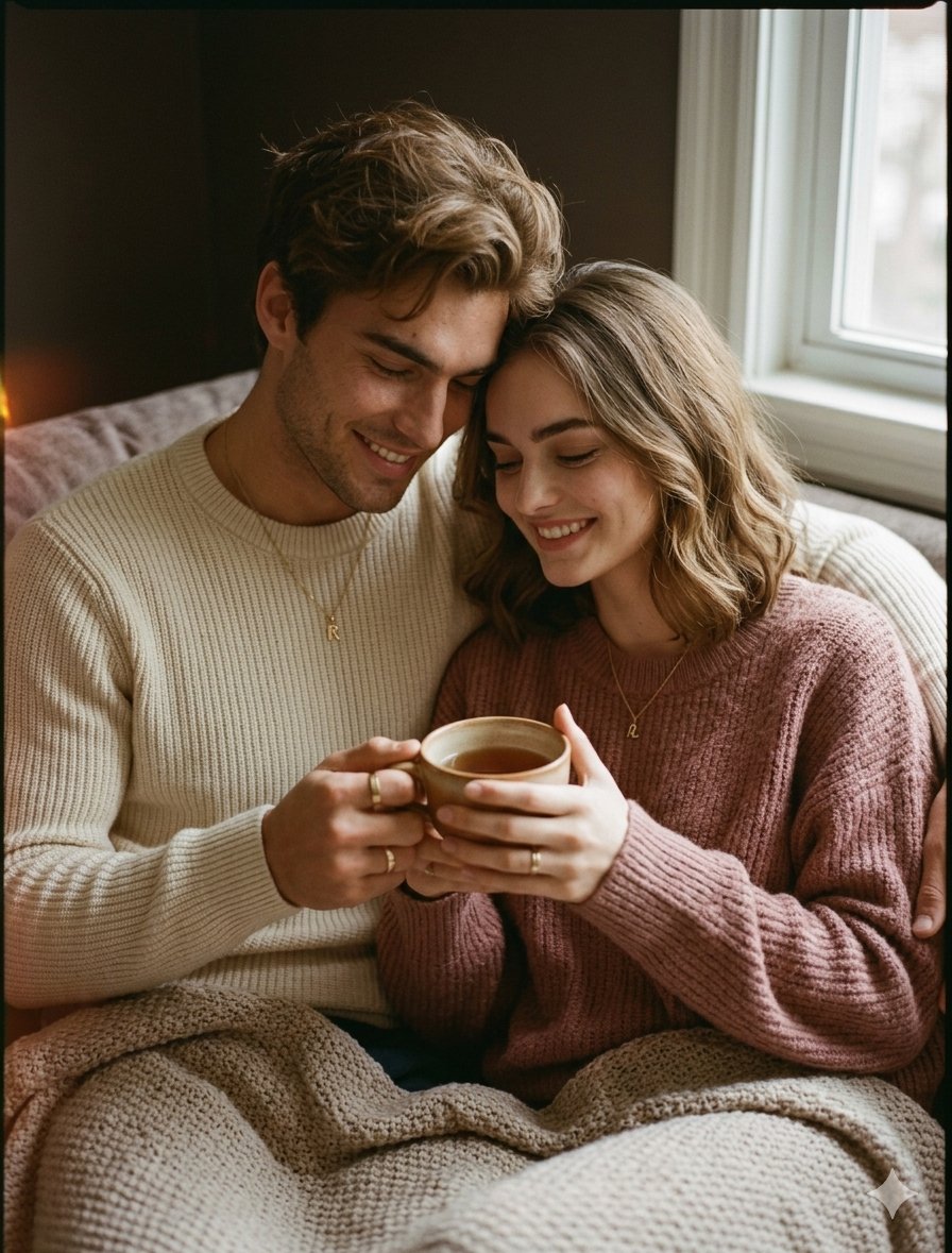 A couple shares a warm tea snuggled on a cozy sofa