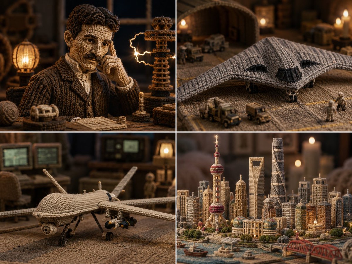 Knitted Nikola Tesla poses beside a cozy yarn Shanghai skyline