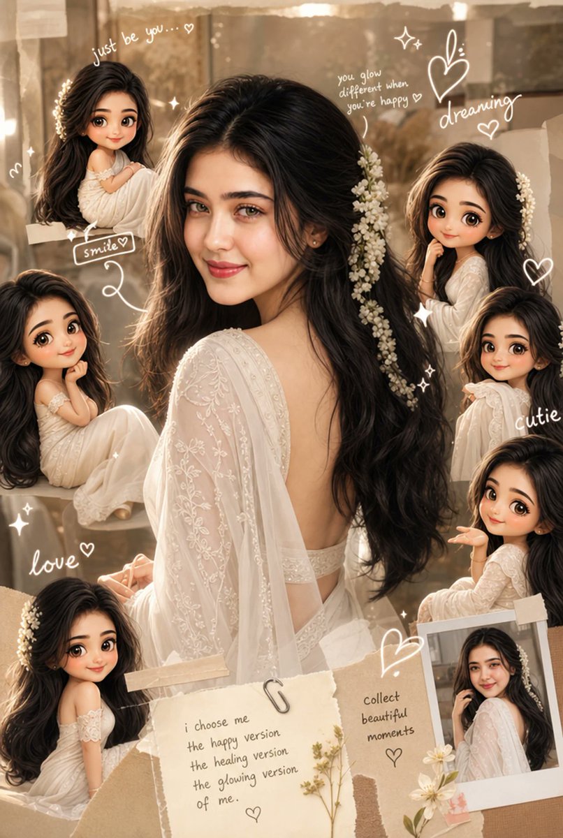 Indian woman in white saree smiles with chibi dolls