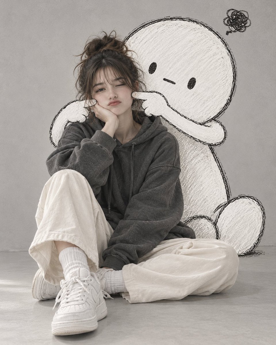 Photorealistic Woman Poses With Hand-Drawn Cartoon Behind Her