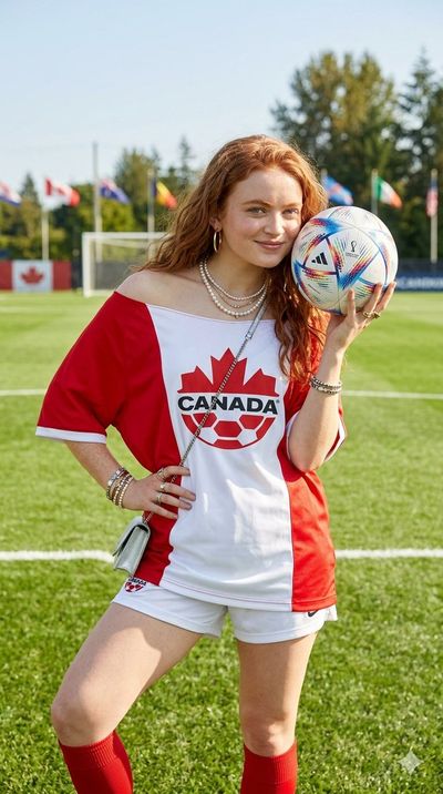 Sadie Sink poses on a vibrant soccer field in a Canada jersey